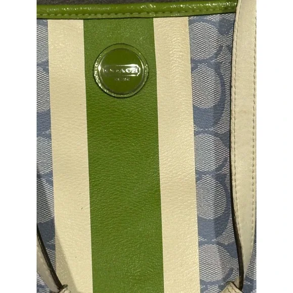 Coach Signature Monogram Tote Bag Blue Green White Leather Trim 15" by 11" - Picture 2 of 11